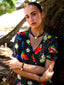 Model image of Venessa Arizaga FW26 Venus Heart Necklace (Black) - A statement necklace with black glass beads, pave accents, and a gold heart pendant, FW26 Venus Heart Bracelet (Black) - An everyday adjustable bracelet with black threadwork, glass beads, pave accents, and a gold heart pendant, and Lover Bracelet - An everyday adjustable bracelet with black threadwork, black glass seed beads, and rhinestone heart charms