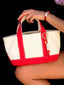 Venessa Arizaga SS26 Sugar Rush Love Bag/Key Charm attached to tote, and Love You Mucho Elastic Bracelet in Red with jade and ceramic charms, love heart motif bringing together a playful look. Perfect for valentine's day and every day.