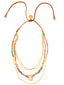 Venessa Arizaga FW26 Sweetheart Sparkle Necklace (Rainbow) - A statement layered necklace with rust threadwork, rainbow seed beads, gold plated chains, rhinestone chain, and a pave heart charm.