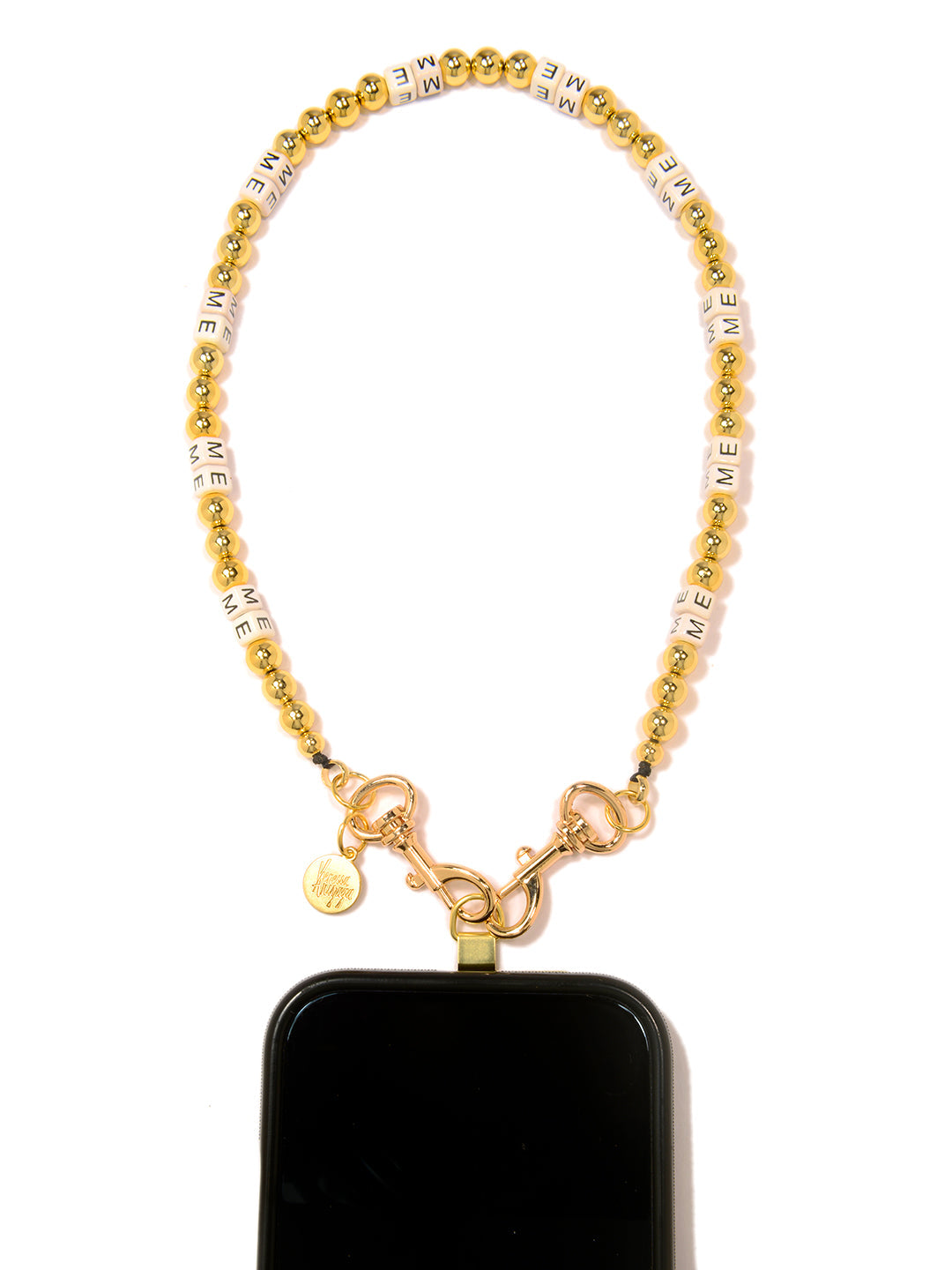 ME ME ME PHONE LEASH | GOLD BEADED WRISTLET STRAP WIT CERAMIC WORD