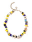 Venessa Arizaga No Rules Necklace - A silver plated brass beaded necklace with blue, yellow, silver and gray charms. Glass charms: ladybug, bee. Duck, ceramic charms: Smiley, yin yang