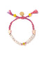 Venessa Arizaga Stretch Bitch Bracelet -  An adjustable friendship bracelet with ceramic yoga girl and smiley charms, and letters that spell "STRETCH BITCH"