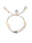 Venessa Arizaga Beach Please Bracelet (White and Silver) - An adjustable friendship bracelet with white and silver threadowrk, natural shell charms, ceramic palm tree charms, and ceramic letters that say "BEACH PLEASE"