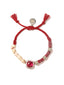 Venessa Arizaga Hidden Cove Bracelet  - An adjustable bracelet with red threadwork, natural shell charms, red shell chips, pave rhinestone accents, and a red rhinstone centerpiece.