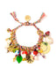 Venessa Arizaga Peace and Paradise Bracelet -  An adjustable charm bracelet with handwoven threadwork, ceramic yoga girl, avocado, donut, margarita charms, glass lips, mushroom, leaf charms, metal smiley, peace sign, star, and strawberry charms, and freshwater pearls