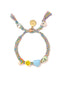 Venessa Arizaga Rainbow Orbit Bracelet - An adjustable friendship bracelet with pastel threadwork and ceramic charms: rainbow, smilet, heart, alien, peace sign, and yin yang