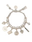 Venessa Arizaga Silver Sky Bracelet - An adjustable bracelet with silver threadwork, glass charms, and metal charms: heart, smiley, credit card, band aid, peace sign