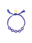 Venessa Arizaga Daisy Dreams Bracelet (Peace Dark Blue) - An adjustable friendship bracelet with blue threadwork and glass beads, the design is a daisy chain flower motif with round letter beads in the center spelling "PEACE"