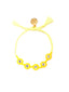 Venessa Arizaga Daisy Dreams Bracelet (Happy Yellow) - An adjustable friendship bracelet with neon yellow threadwork and glass beads, the design is a daisy chain flower motif with round letter beads in the center spelling "HAPPY"